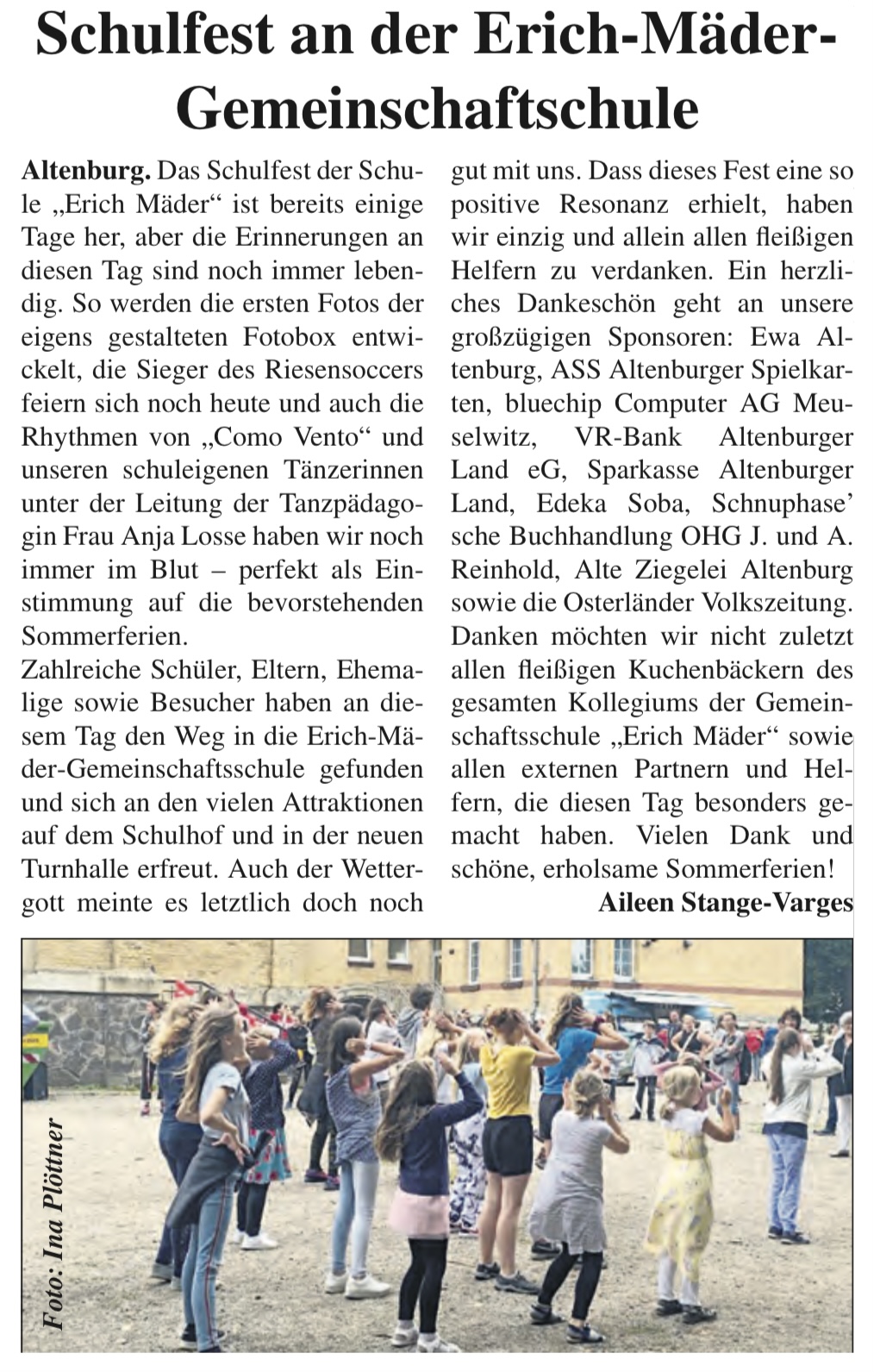 Zeitungsartikel OVZ_ Schulfest